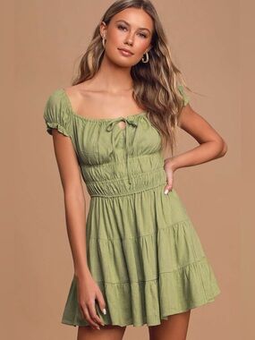 Lulu’s Good-As-New Pistachio Green Cap Sleeve Tiered Mini Dress XS Linen Boho